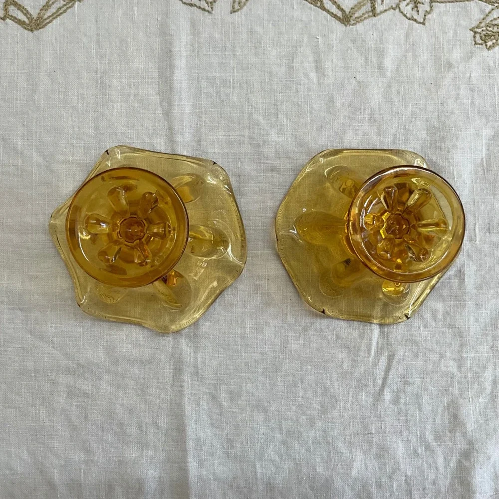 Vintage 2 Viking Amber Glass‎ Ruffled Flower Candle Holders MCM Honey Gold